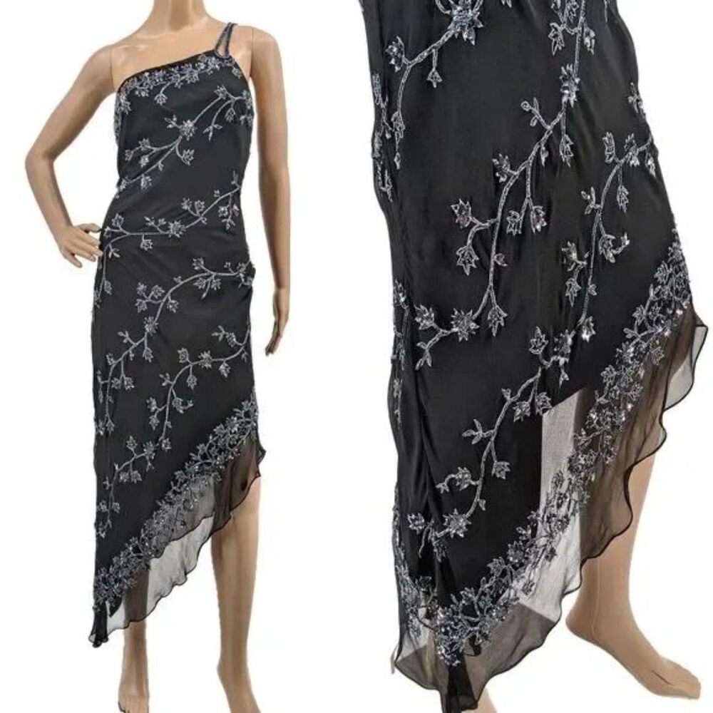 Vintage 1990s y2k Scala Evening Dress Mini Black Floral Beaded Fairycore Siren M - Picture 3 of 14